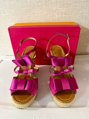 Kate Spade EUC Juju Bow Satin Espadrille Wedges Pink 8.5 Raffia